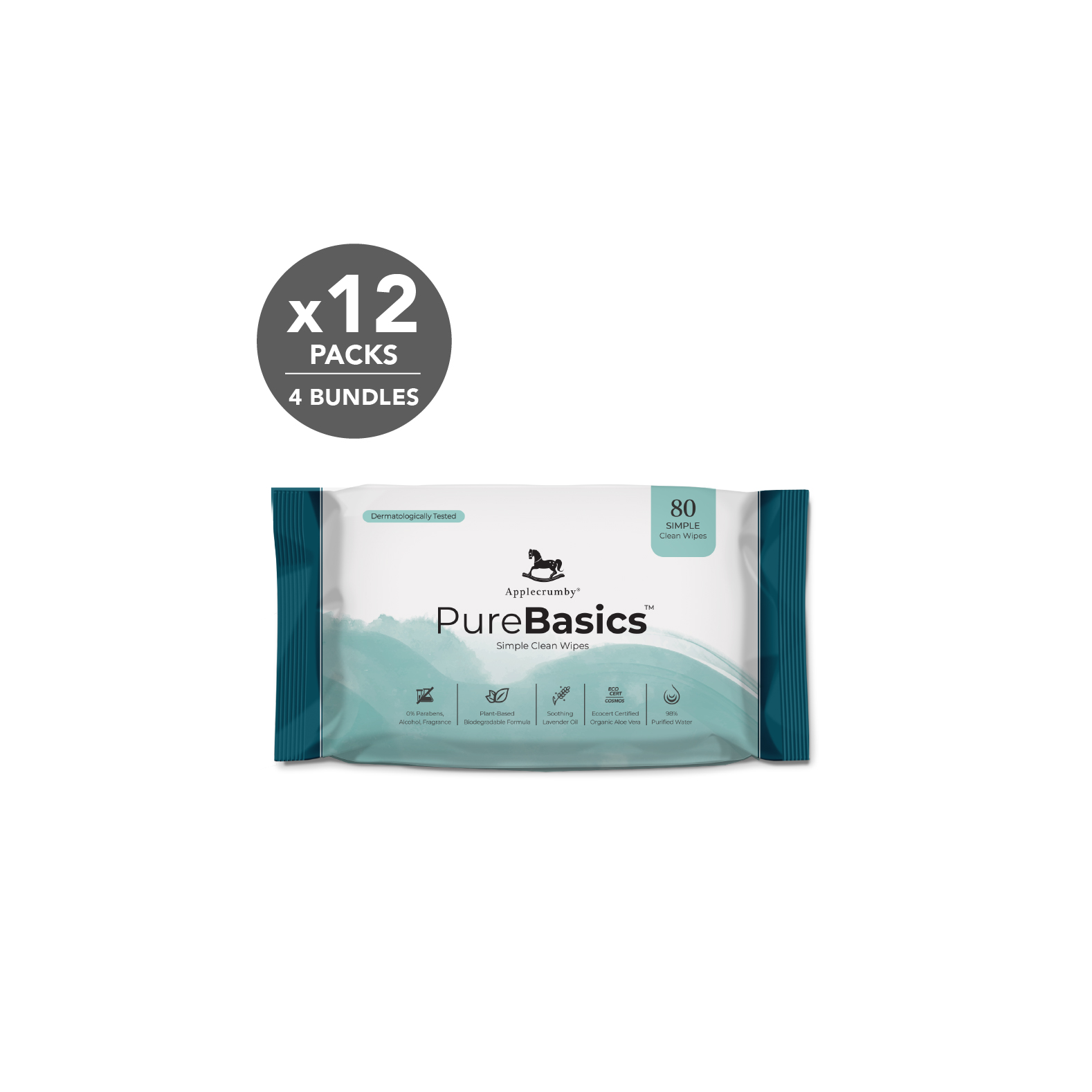 (Carton Deals) Applecrumby Pure Basic Wipes 80s (4 Bundles, 12 Packs)